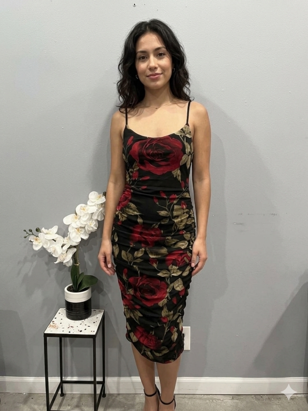 Black Midi Slip Dress with Red Rose Print